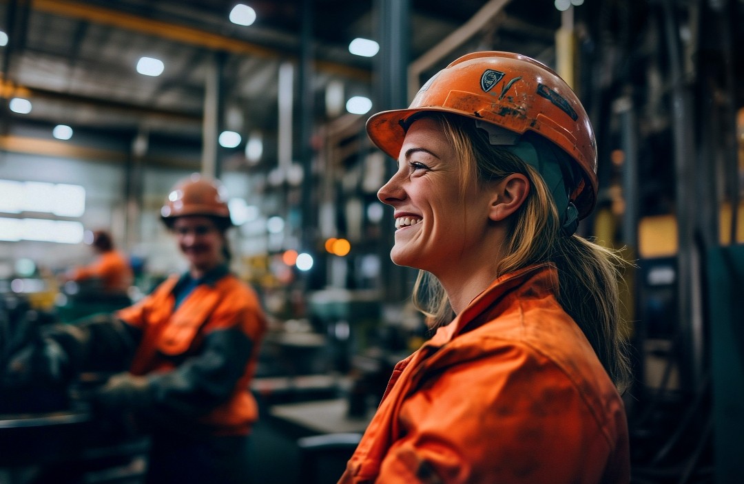 Frau in Arbeitskleidung und Helm in Industriehalle