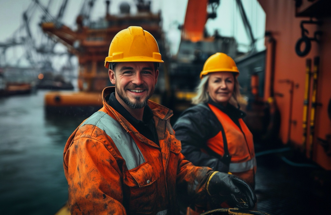 Mann und Frau in Arbeitskleidung und Helm vor einer Industrieanlage