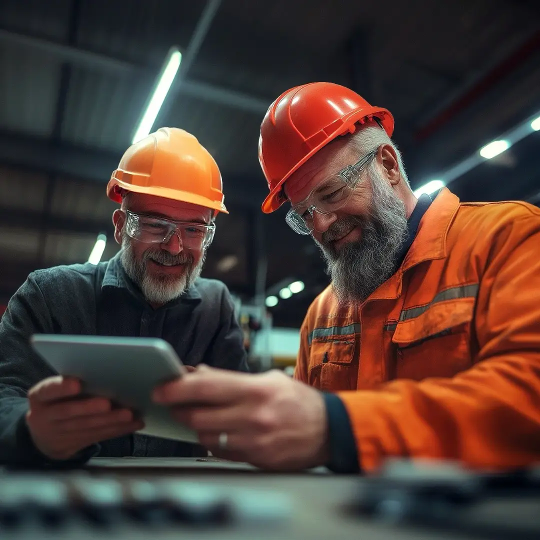 Zwei Männer die über einem Tablet in der Werkshalle stehen und sich austauschen