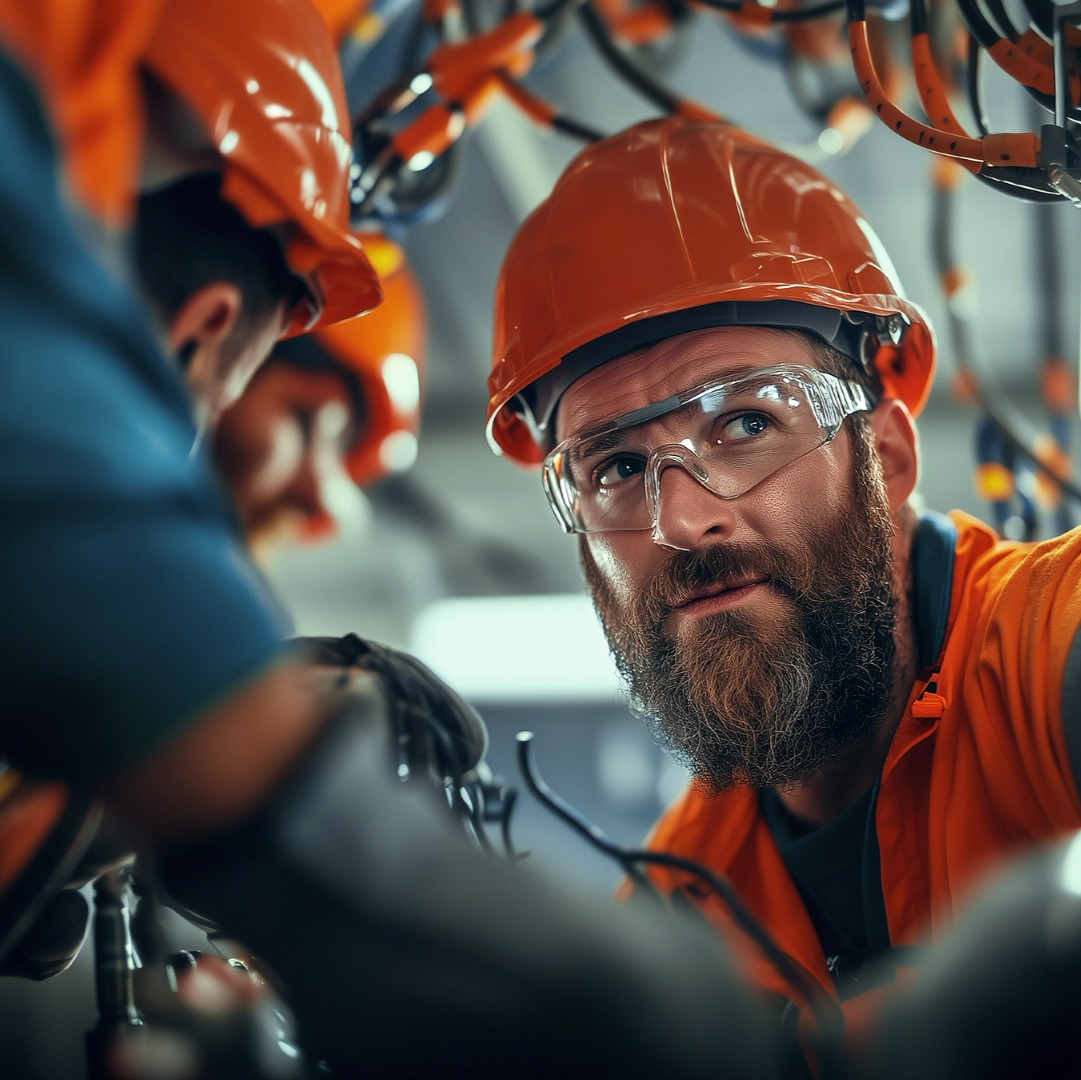 Elektriker mit Kollegen vor elektrischen Kabeln